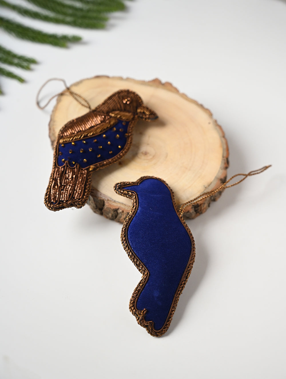 Load image into Gallery viewer, Hand Embroidered Zardozi Xmas Decorations - Blue Antique Birds (Set of 2)