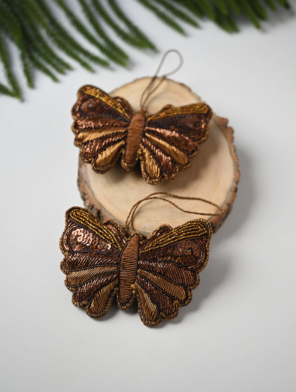 Load image into Gallery viewer, Hand Embroidered Zardozi Xmas Decorations - Blue Antique Butterflies (Set of 2)