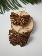 Load image into Gallery viewer, Hand Embroidered Zardozi Xmas Decorations - Blue Antique Butterflies (Set of 2)