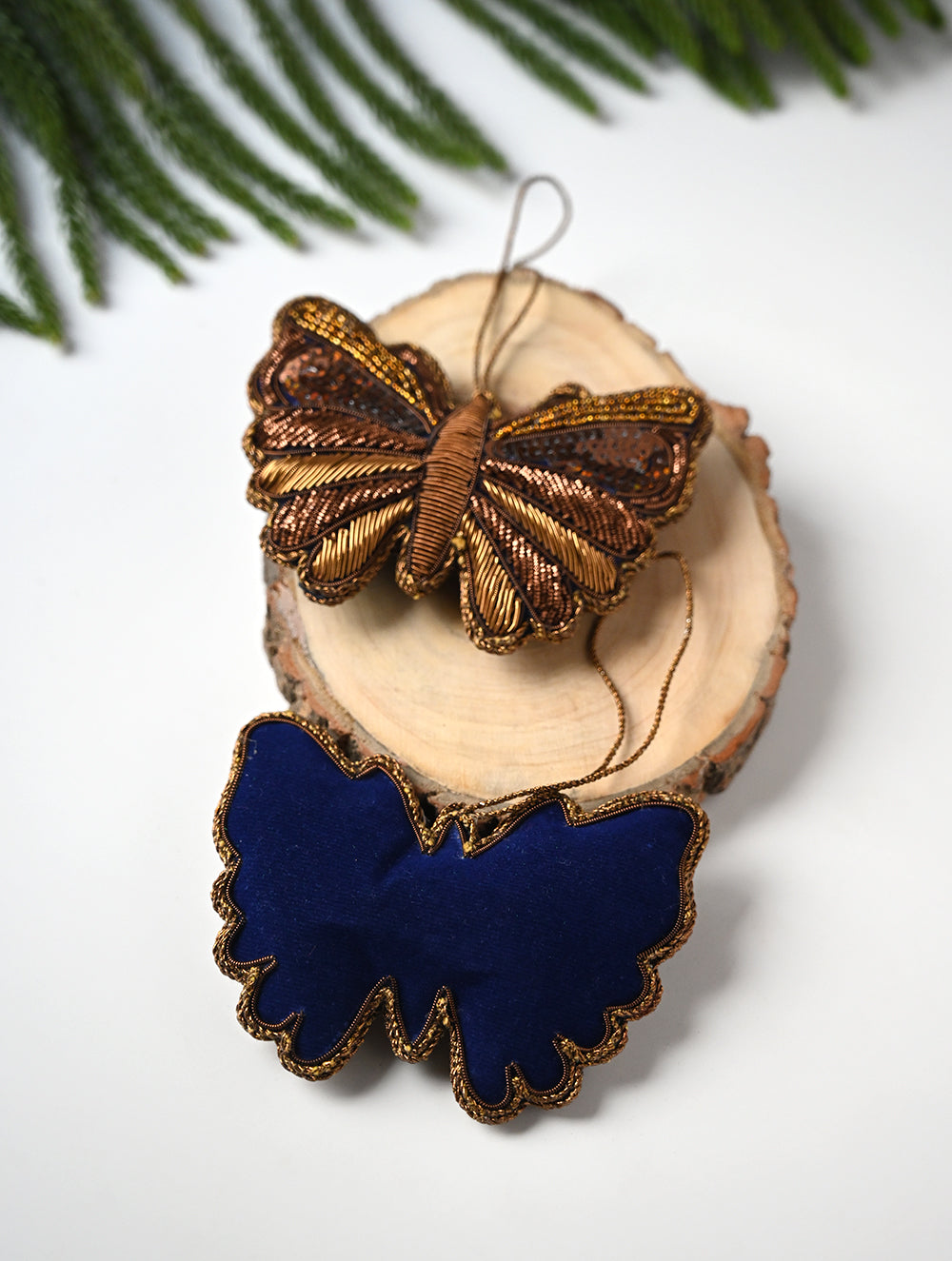Load image into Gallery viewer, Hand Embroidered Zardozi Xmas Decorations - Blue Antique Butterflies (Set of 2)
