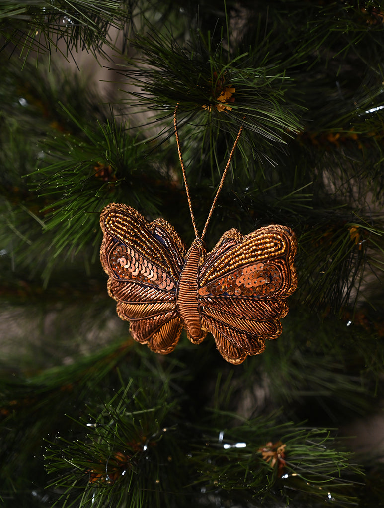 Hand Embroidered Zardozi Xmas Decorations - Blue Antique Butterflies (Set of 2)