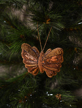 Load image into Gallery viewer, Hand Embroidered Zardozi Xmas Decorations - Blue Antique Butterflies (Set of 2)