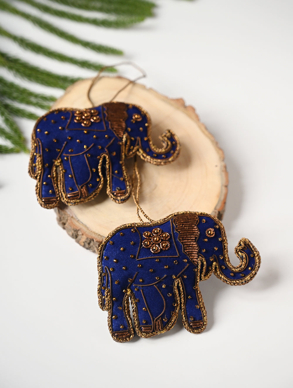 Load image into Gallery viewer, Hand Embroidered Zardozi Xmas Decorations - Blue Antique Elephants (Set of 2)
