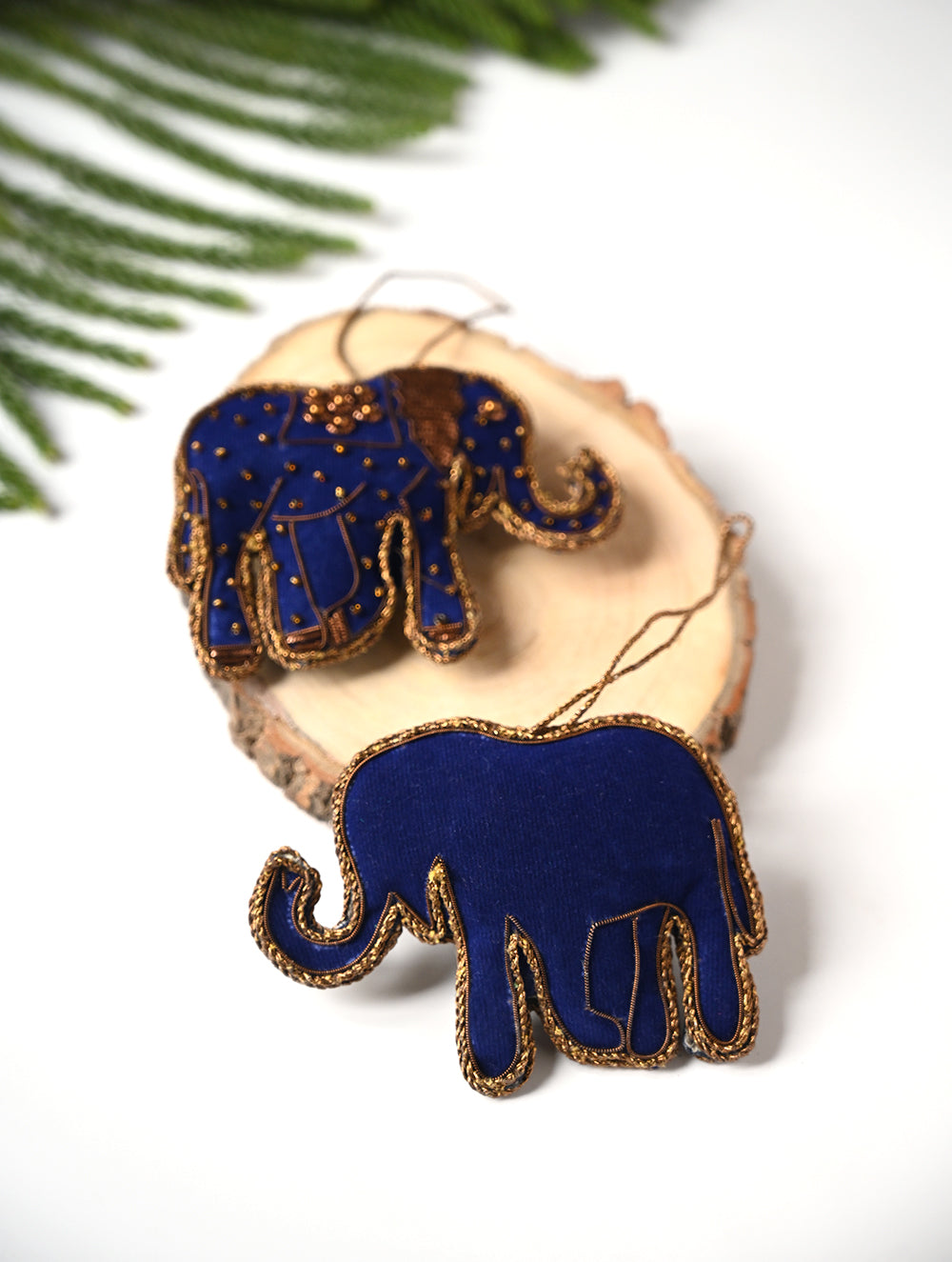 Load image into Gallery viewer, Hand Embroidered Zardozi Xmas Decorations - Blue Antique Elephants (Set of 2)