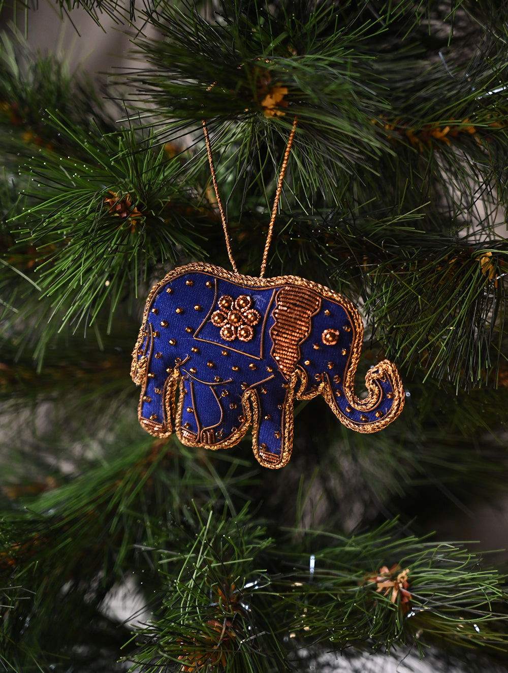 Load image into Gallery viewer, Hand Embroidered Zardozi Xmas Decorations - Blue Antique Elephants (Set of 2)
