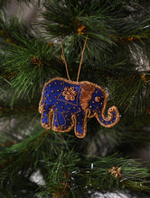 Load image into Gallery viewer, Hand Embroidered Zardozi Xmas Decorations - Blue Antique Elephants (Set of 2)