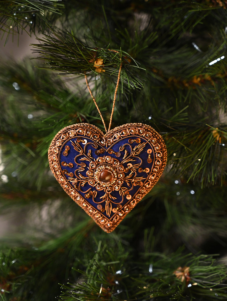 Hand Embroidered Zardozi Xmas Decorations - Blue Antique Hearts (Set of 2)