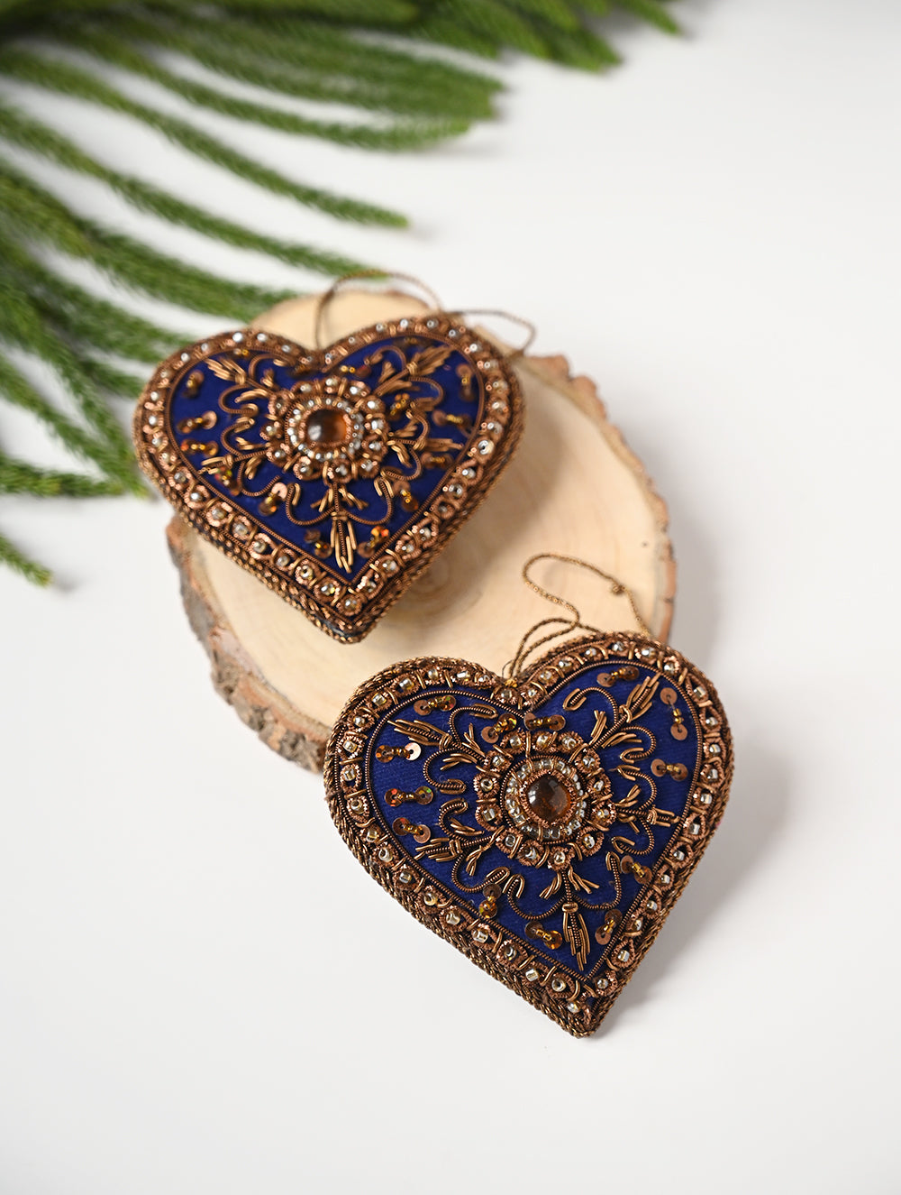Load image into Gallery viewer, Hand Embroidered Zardozi Xmas Decorations - Blue Antique Hearts (Set of 2)