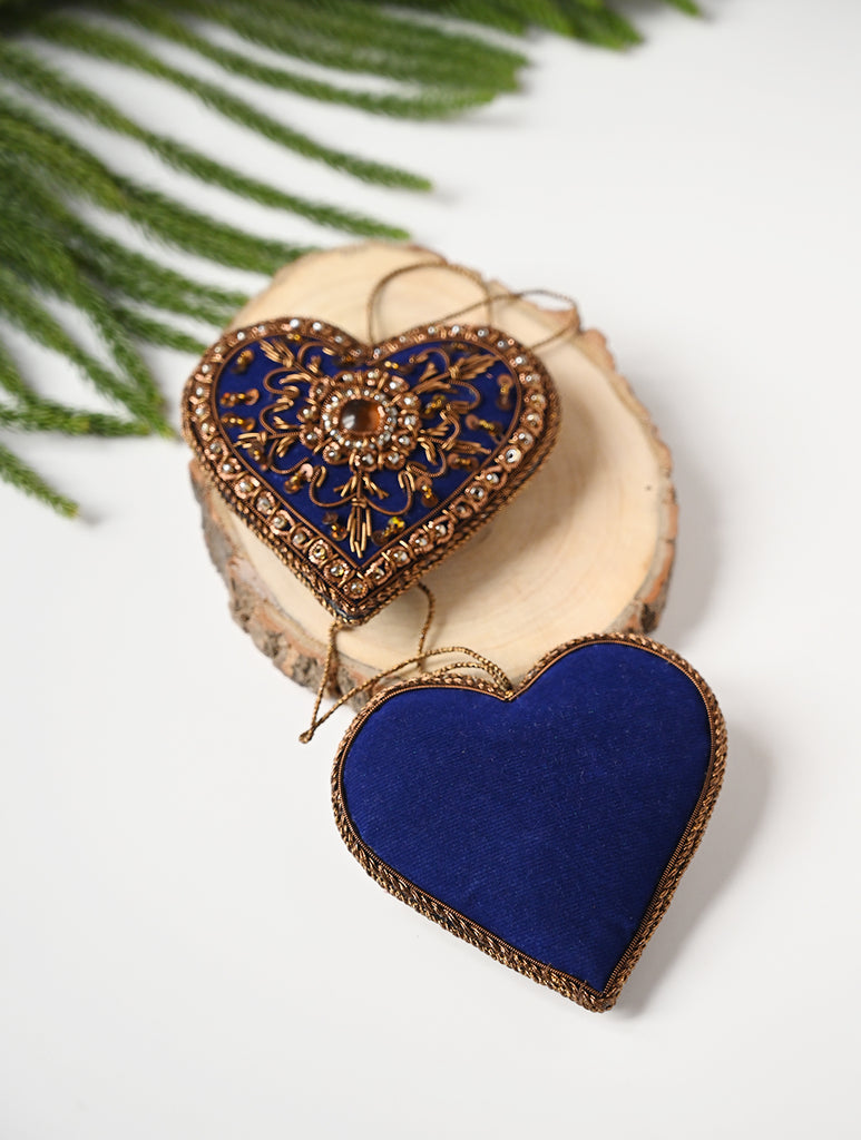 Hand Embroidered Zardozi Xmas Decorations - Blue Antique Hearts (Set of 2)