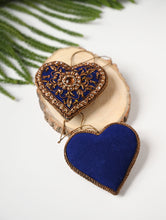 Load image into Gallery viewer, Hand Embroidered Zardozi Xmas Decorations - Blue Antique Hearts (Set of 2)