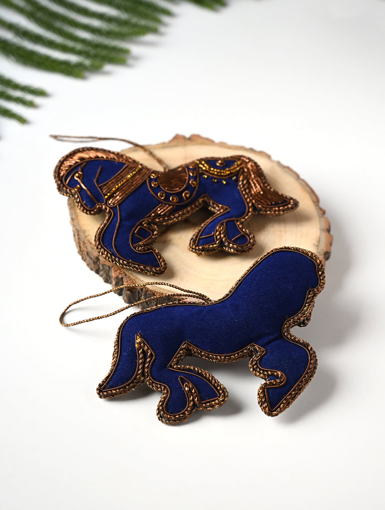 Hand Embroidered Zardozi Xmas Decorations - Blue Antique Horses (Set of 2)