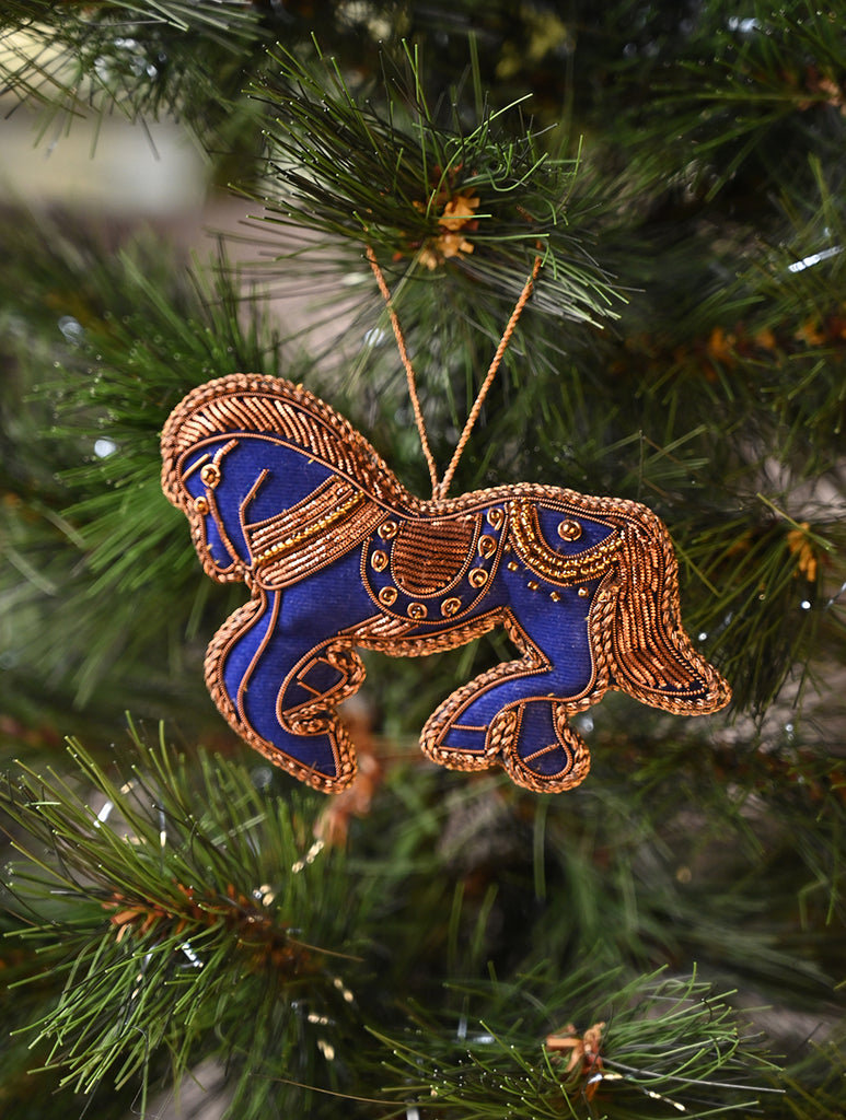 Hand Embroidered Zardozi Xmas Decorations - Blue Antique Horses (Set of 2)