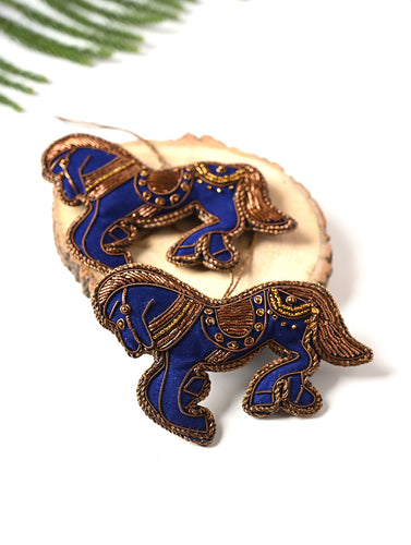 Hand Embroidered Zardozi Xmas Decorations - Blue Antique Horses (Set of 2)