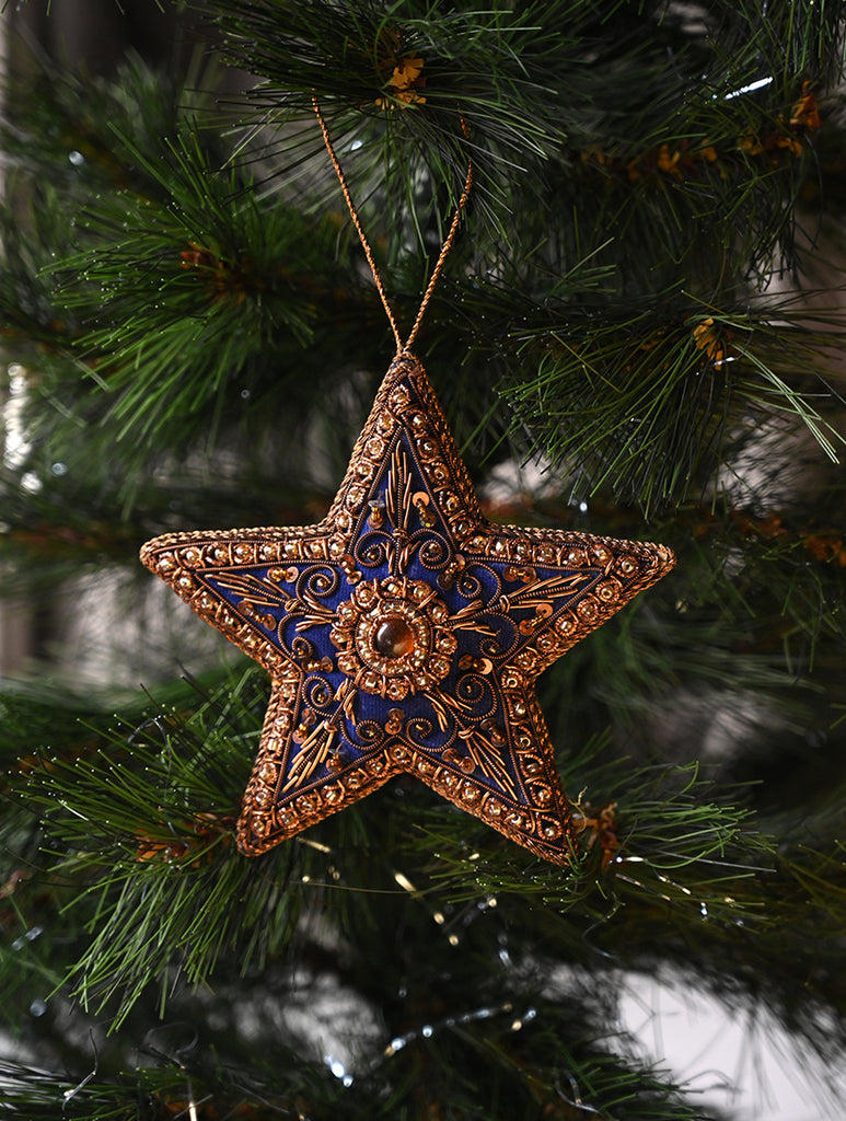 Hand Embroidered Zardozi Xmas Decorations - Blue Antique Stars (Set of 2)