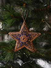 Load image into Gallery viewer, Hand Embroidered Zardozi Xmas Decorations - Blue Antique Stars (Set of 2)