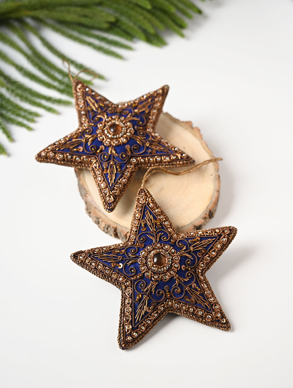 Load image into Gallery viewer, Hand Embroidered Zardozi Xmas Decorations - Blue Antique Stars (Set of 2)