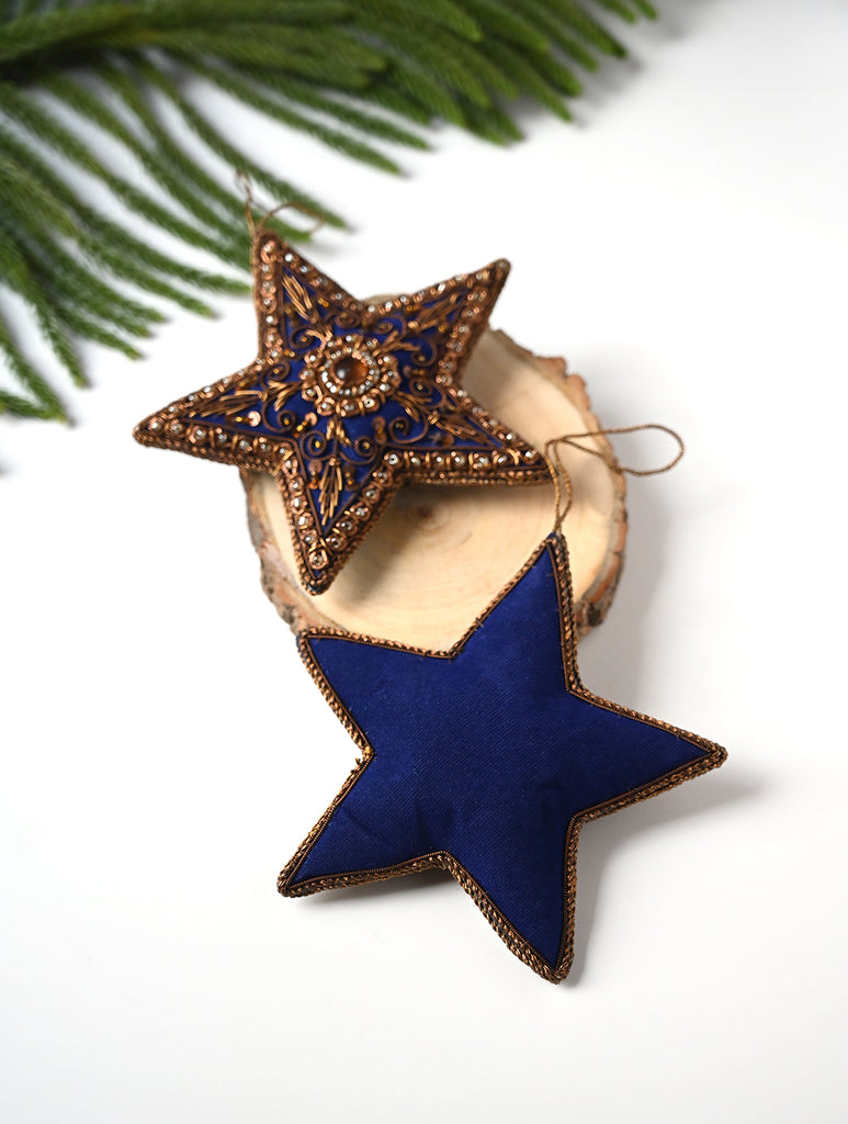 Hand Embroidered Zardozi Xmas Decorations - Blue Antique Stars (Set of 2)