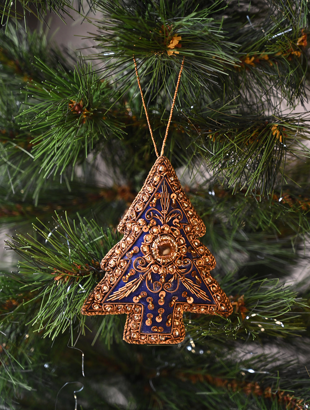 Load image into Gallery viewer, Hand Embroidered Zardozi Xmas Decorations - Blue Antique Xmas Trees (Set of 2)