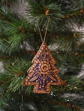 Load image into Gallery viewer, Hand Embroidered Zardozi Xmas Decorations - Blue Antique Xmas Trees (Set of 2)