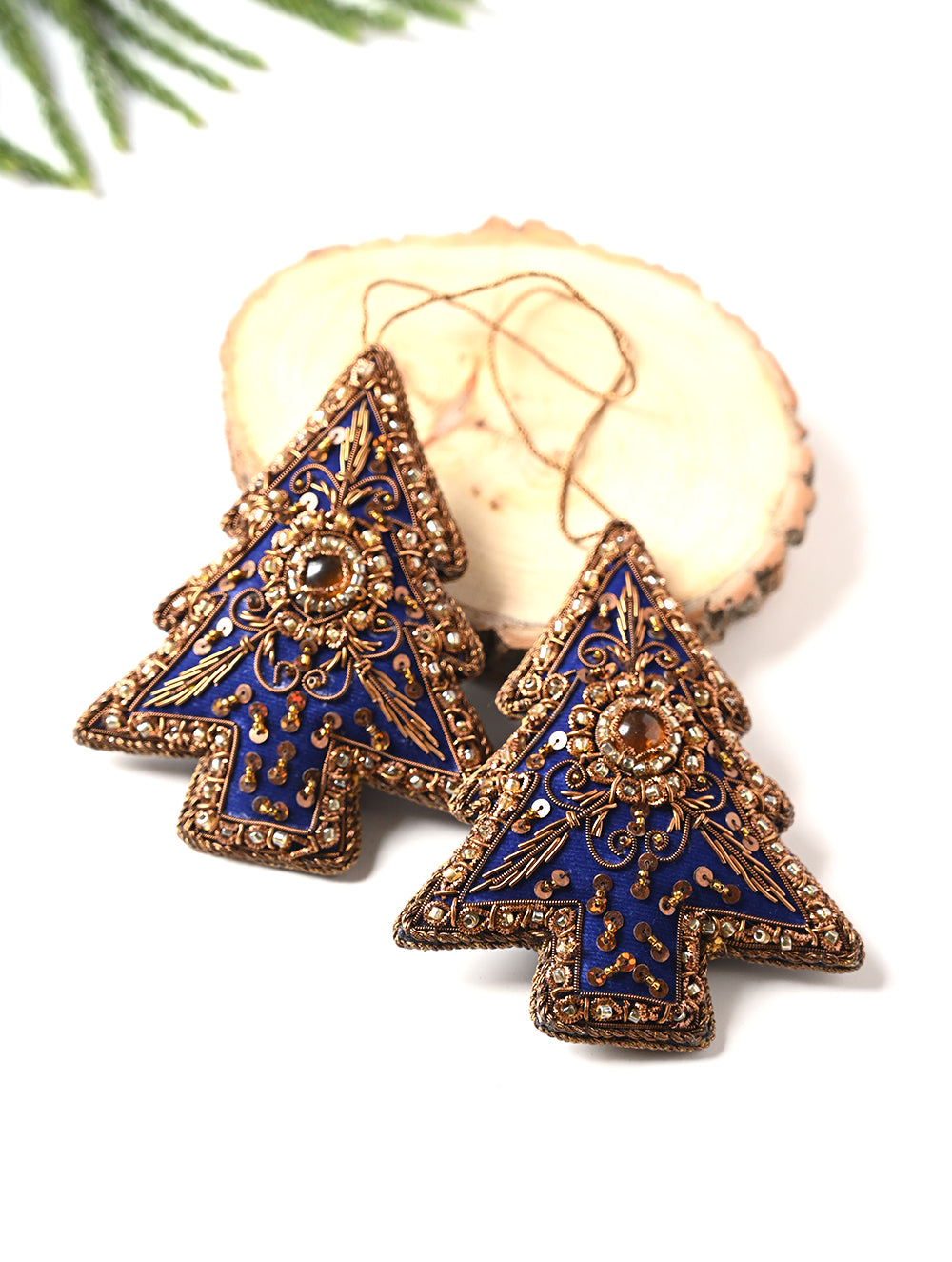 Load image into Gallery viewer, Hand Embroidered Zardozi Xmas Decorations - Blue Antique Xmas Trees (Set of 2)
