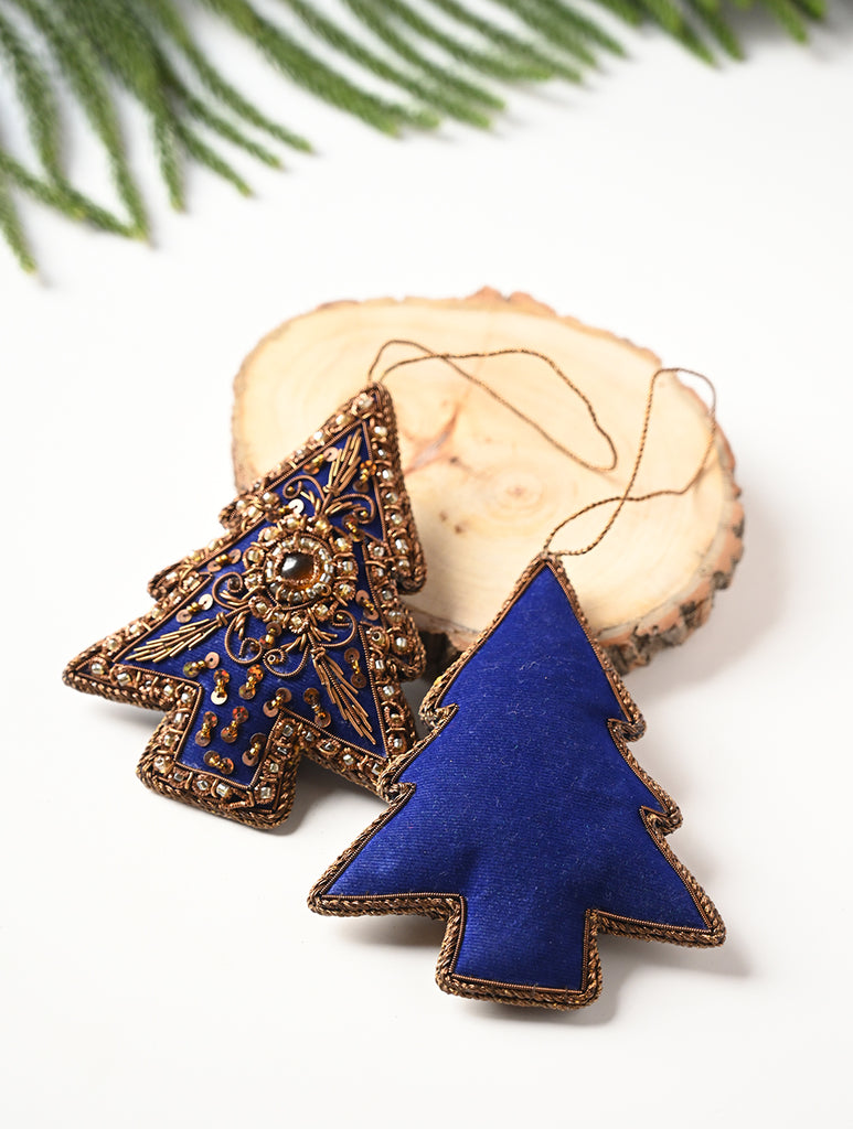 Hand Embroidered Zardozi Xmas Decorations - Blue Antique Xmas Trees (Set of 2)