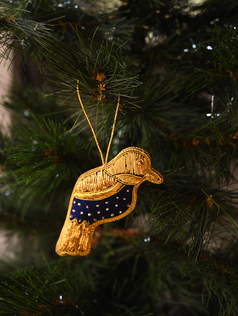 Hand Embroidered Zardozi Xmas Decorations - Blue & Gold Birds (Set of 2)