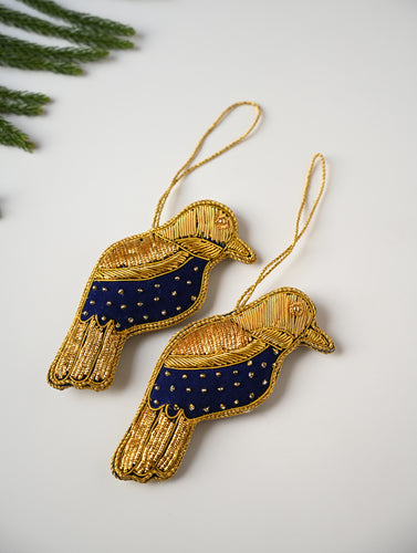 Hand Embroidered Zardozi Xmas Decorations - Blue & Gold Birds (Set of 2)