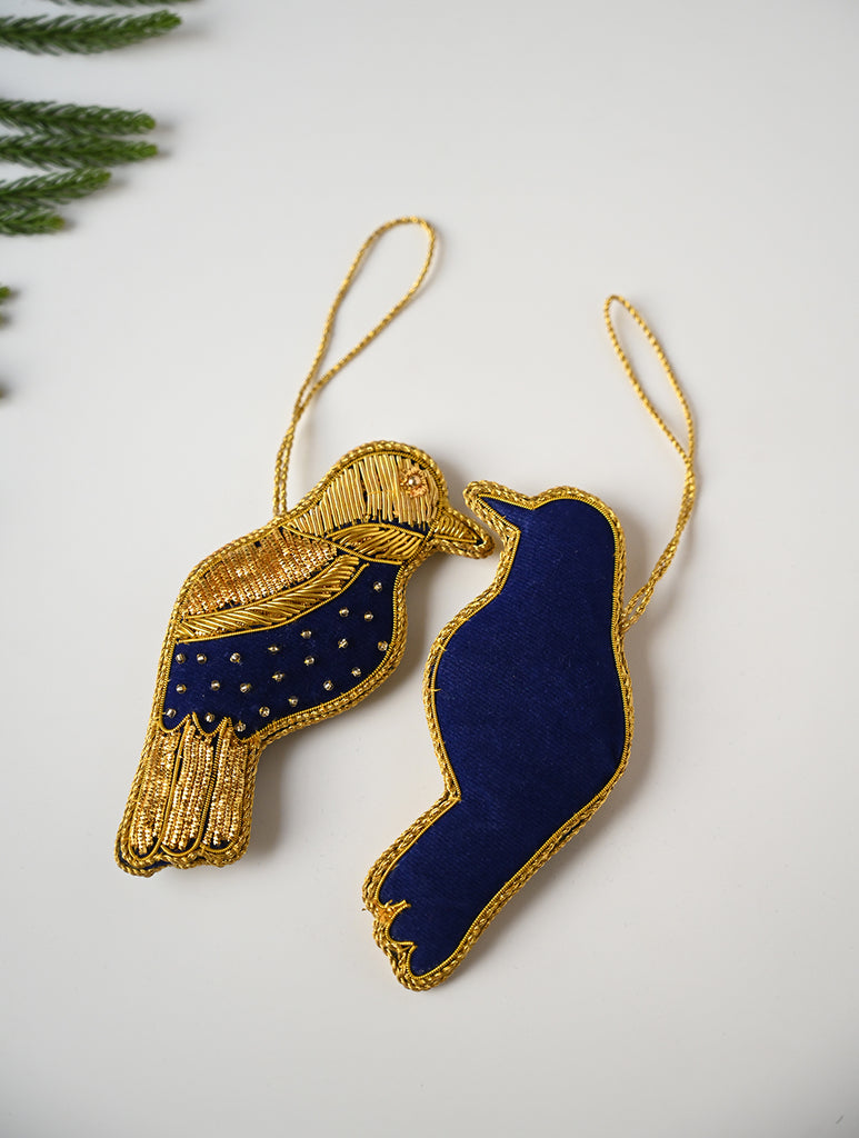 Hand Embroidered Zardozi Xmas Decorations - Blue & Gold Birds (Set of 2)