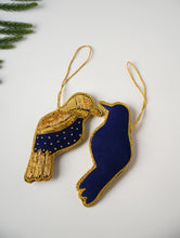 Load image into Gallery viewer, Hand Embroidered Zardozi Xmas Decorations - Blue &amp; Gold Birds (Set of 2)