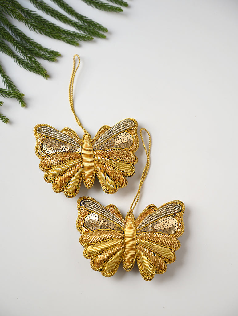 Hand Embroidered Zardozi Xmas Decorations - Blue & Gold Butterflies (Set of 2)