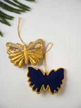 Load image into Gallery viewer, Hand Embroidered Zardozi Xmas Decorations - Blue &amp; Gold Butterflies (Set of 2)