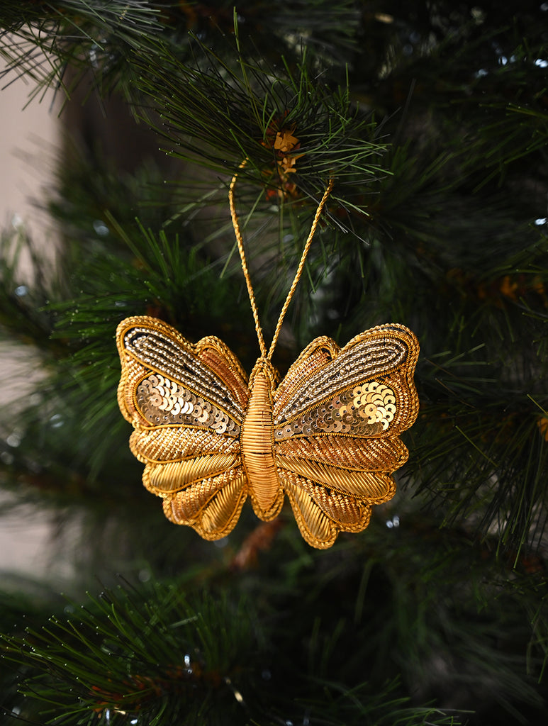 Hand Embroidered Zardozi Xmas Decorations - Blue & Gold Butterflies (Set of 2)