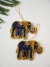 Load image into Gallery viewer, Hand Embroidered Zardozi Xmas Decorations - Blue &amp; Gold Elephants (Set of 2)