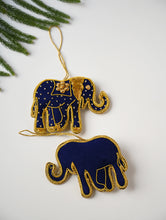 Load image into Gallery viewer, Hand Embroidered Zardozi Xmas Decorations - Blue &amp; Gold Elephants (Set of 2)