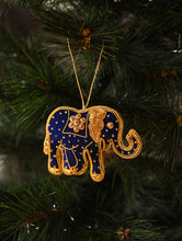 Load image into Gallery viewer, Hand Embroidered Zardozi Xmas Decorations - Blue &amp; Gold Elephants (Set of 2)