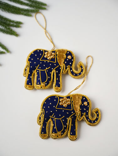 Hand Embroidered Zardozi Xmas Decorations - Blue & Gold Elephants (Set of 2)