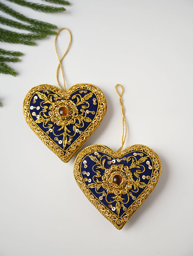 Hand Embroidered Zardozi Xmas Decorations - Blue & Gold Hearts (Set of 2)