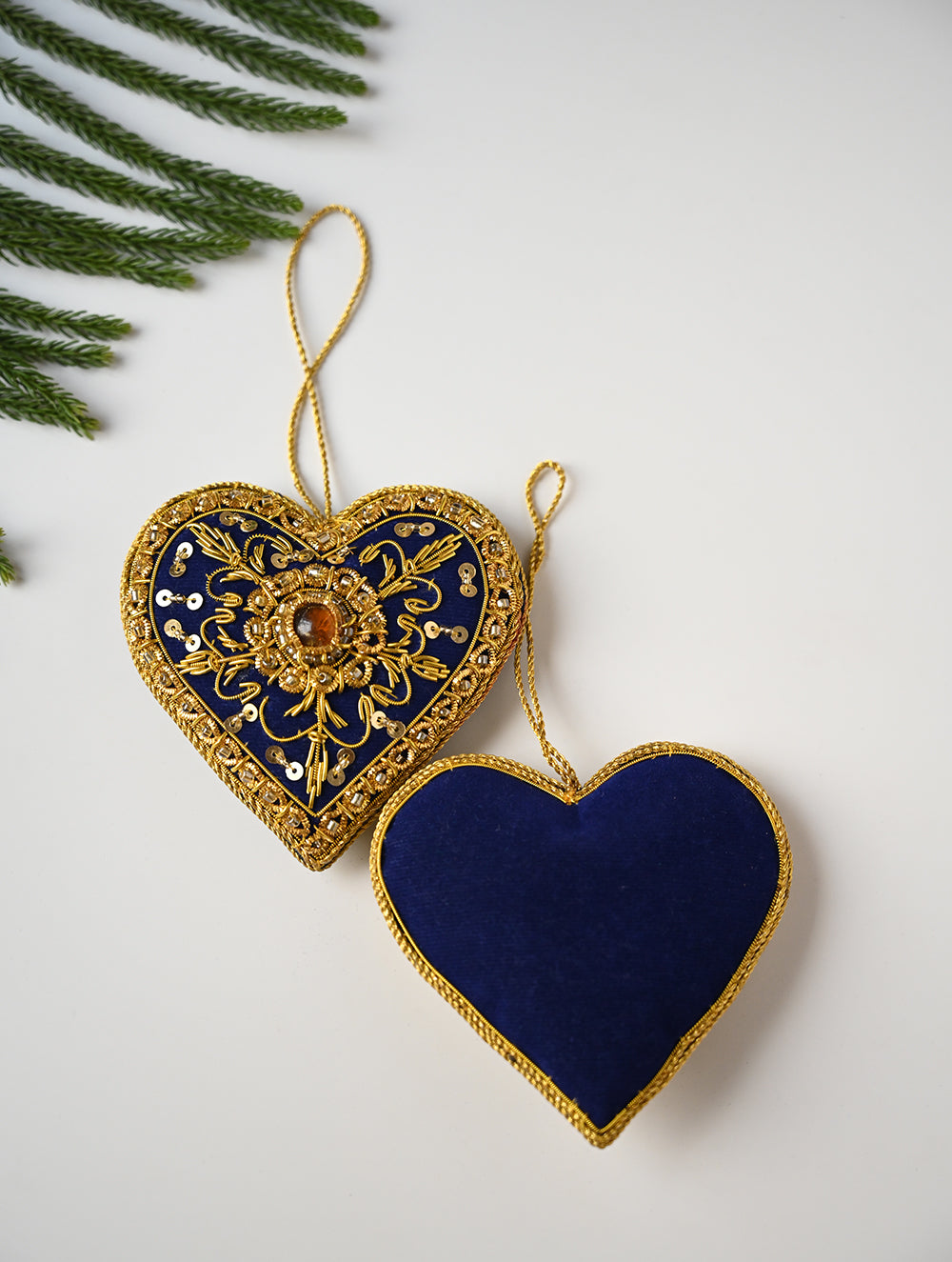 Load image into Gallery viewer, Hand Embroidered Zardozi Xmas Decorations - Blue &amp; Gold Hearts (Set of 2)