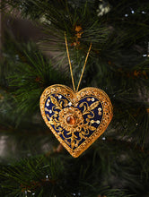 Load image into Gallery viewer, Hand Embroidered Zardozi Xmas Decorations - Blue &amp; Gold Hearts (Set of 2)