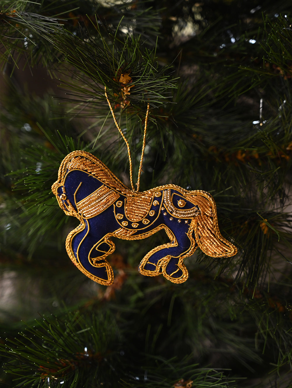 Load image into Gallery viewer, Hand Embroidered Zardozi Xmas Decorations - Blue &amp; Gold Horses (Set of 2)