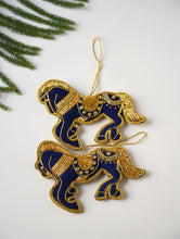 Load image into Gallery viewer, Hand Embroidered Zardozi Xmas Decorations - Blue &amp; Gold Horses (Set of 2)