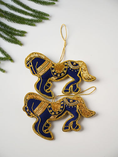 Hand Embroidered Zardozi Xmas Decorations - Blue & Gold Horses (Set of 2)