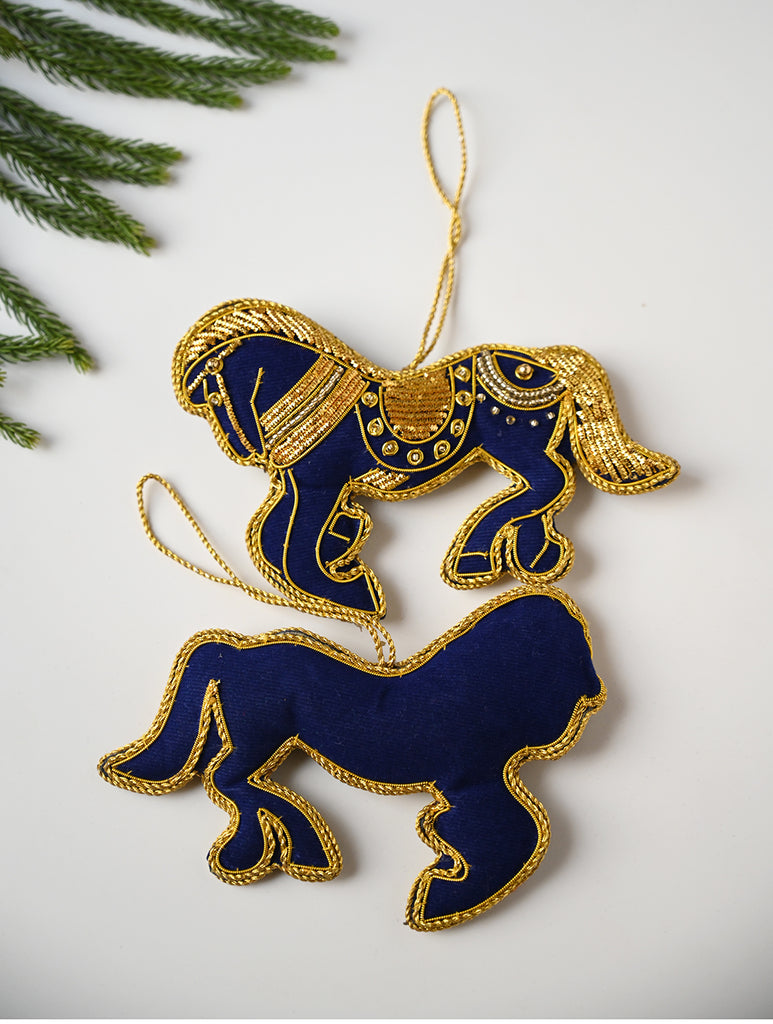 Hand Embroidered Zardozi Xmas Decorations - Blue & Gold Horses (Set of 2)