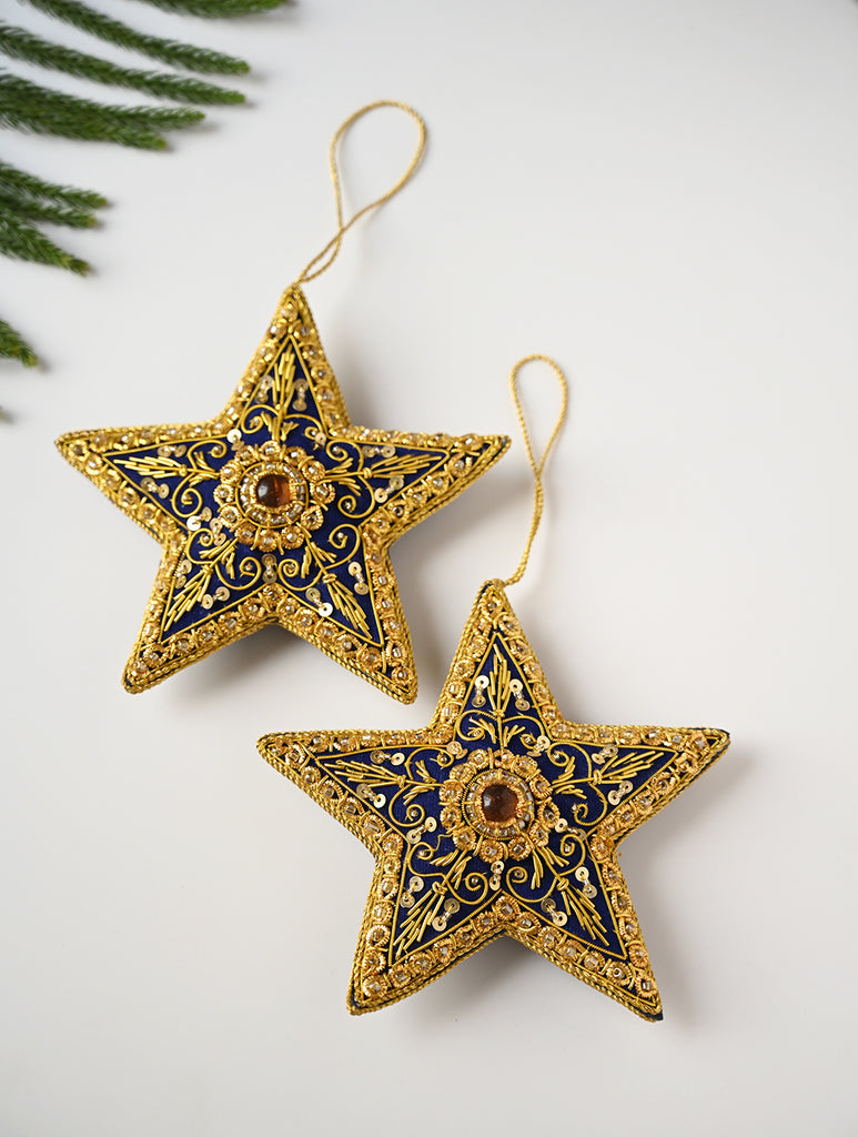 Hand Embroidered Zardozi Xmas Decorations - Blue & Gold Stars (Set of 2)