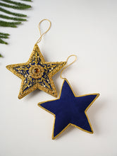 Load image into Gallery viewer, Hand Embroidered Zardozi Xmas Decorations - Blue &amp; Gold Stars (Set of 2)