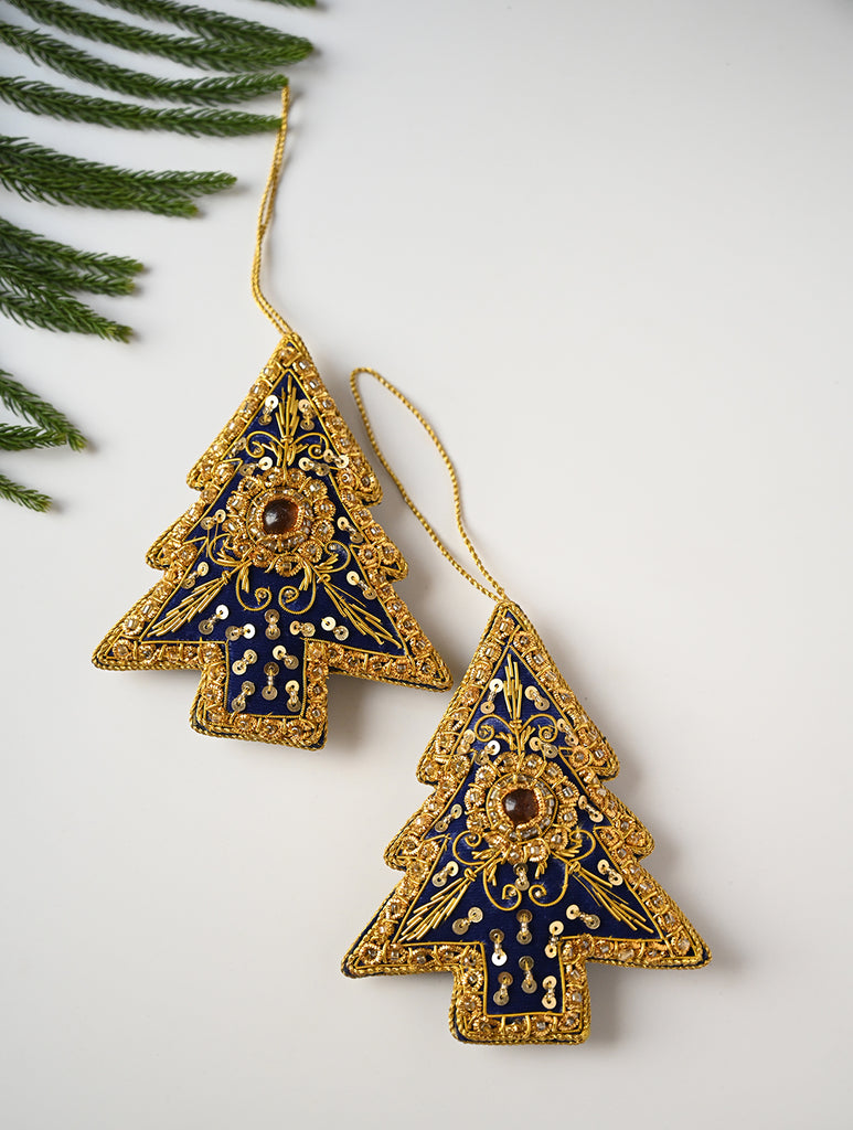 Hand Embroidered Zardozi Xmas Decorations - Blue & Gold Xmas Trees (Set of 2)