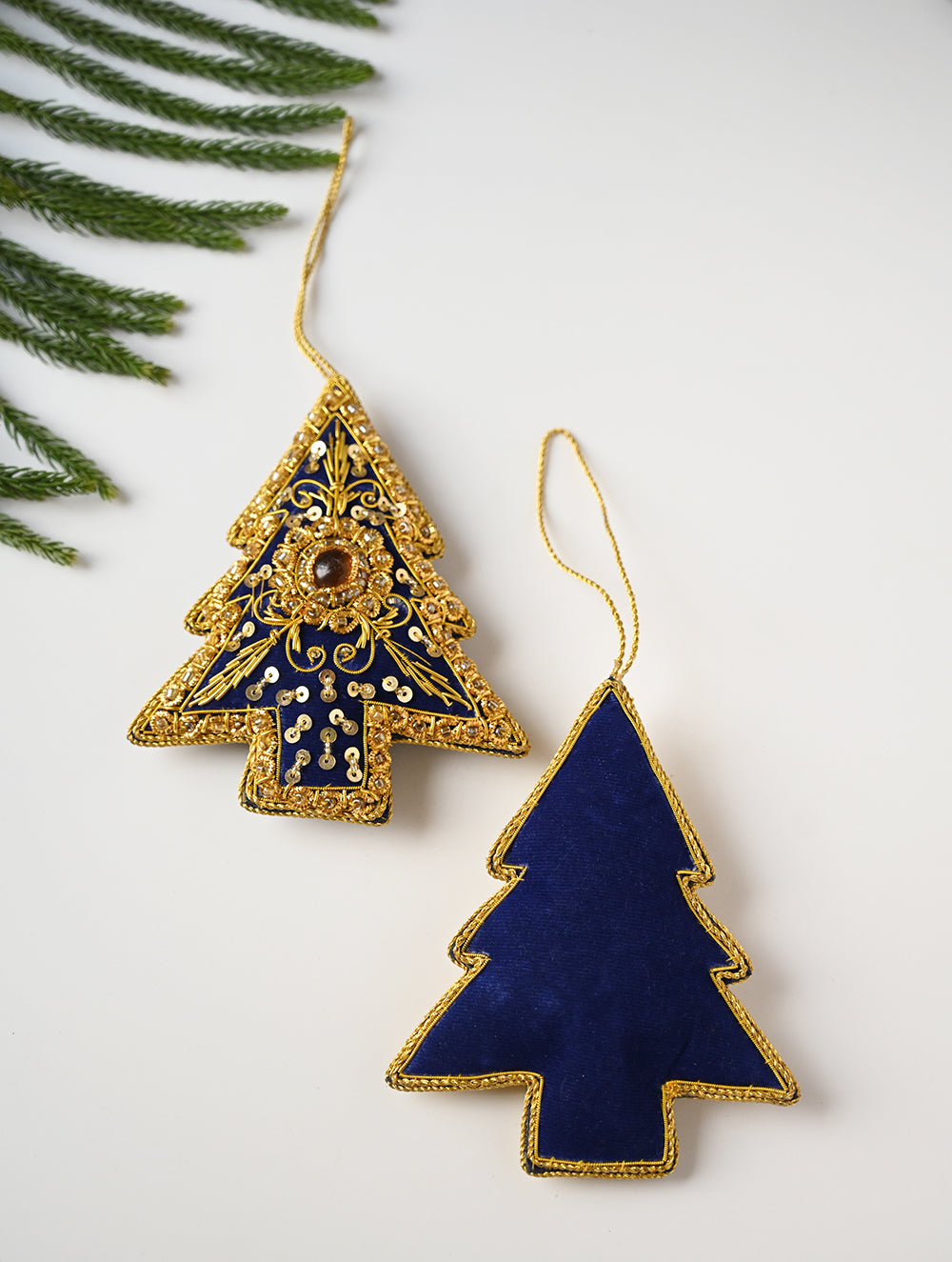 Load image into Gallery viewer, Hand Embroidered Zardozi Xmas Decorations - Blue &amp; Gold Xmas Trees (Set of 2)