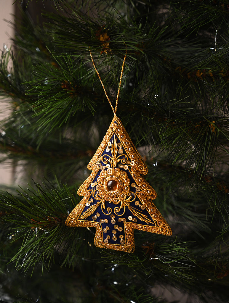 Hand Embroidered Zardozi Xmas Decorations - Blue & Gold Xmas Trees (Set of 2)