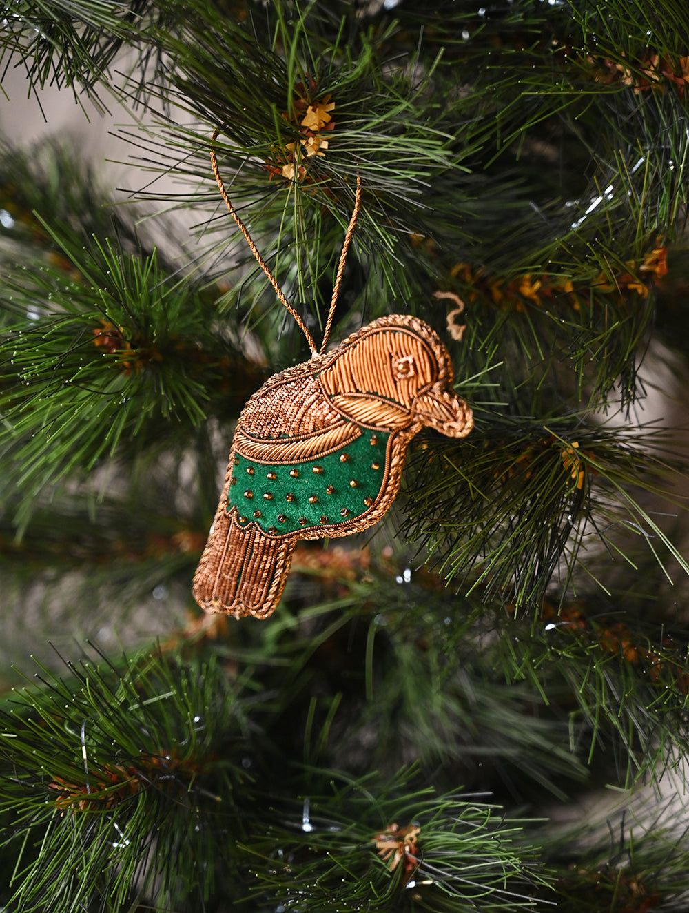 Hand Embroidered Zardozi Xmas Decorations - Green Antique Birds (Set of 2)