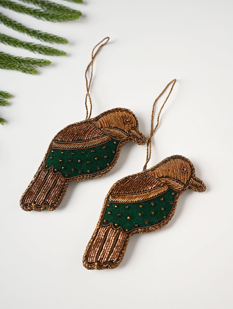 Hand Embroidered Zardozi Xmas Decorations - Green Antique Birds (Set of 2)